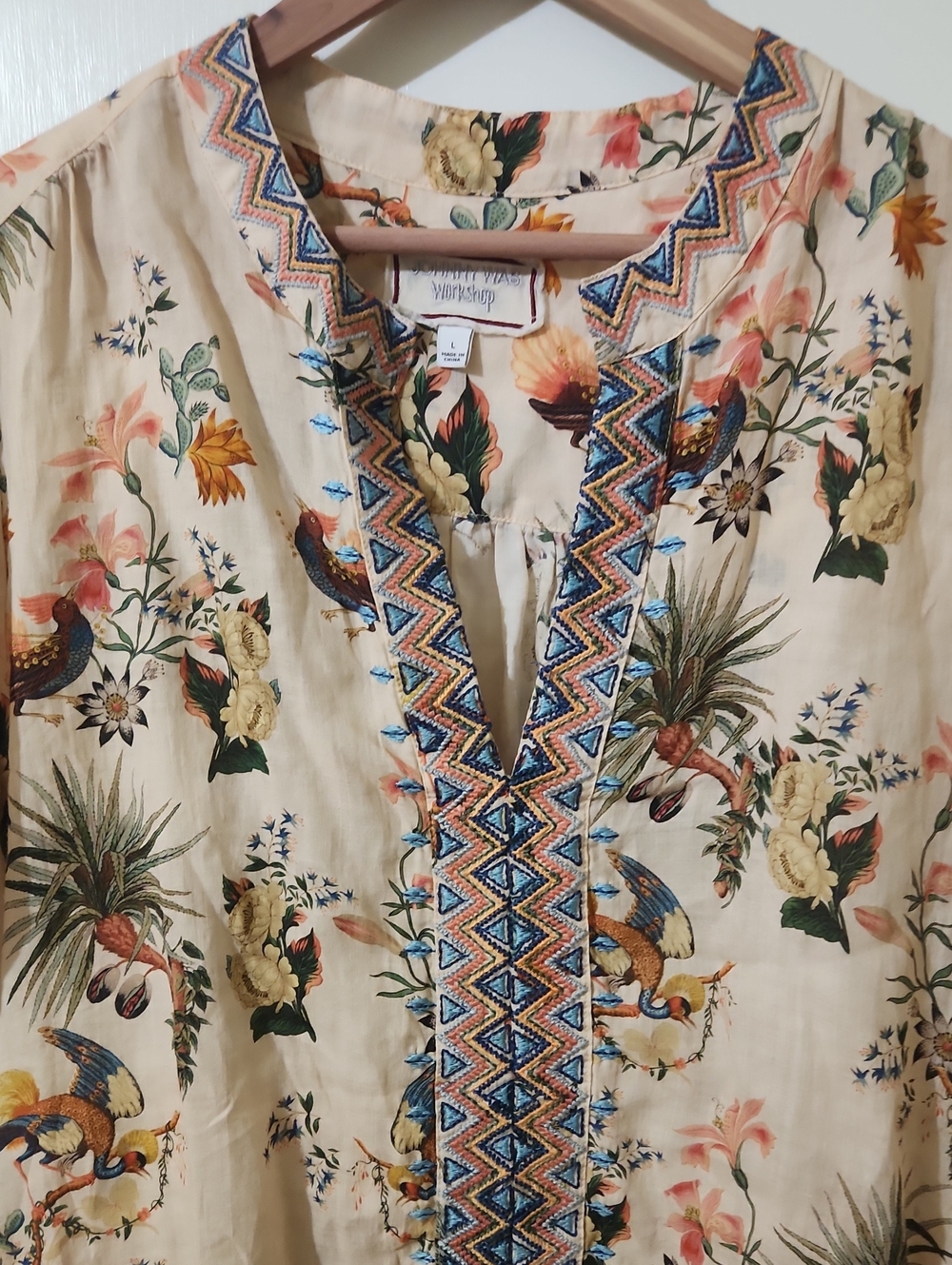 Johnny Was Cream Tunic with Multicolor Floral & Bird Embroidery